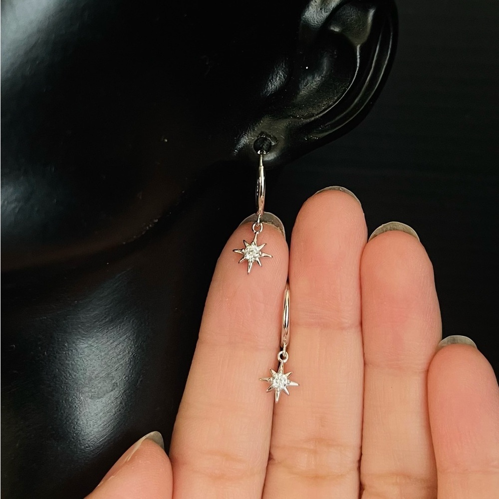 925 Sterling Silver CZ Star Huggie Hoop Earrings Women 9mm